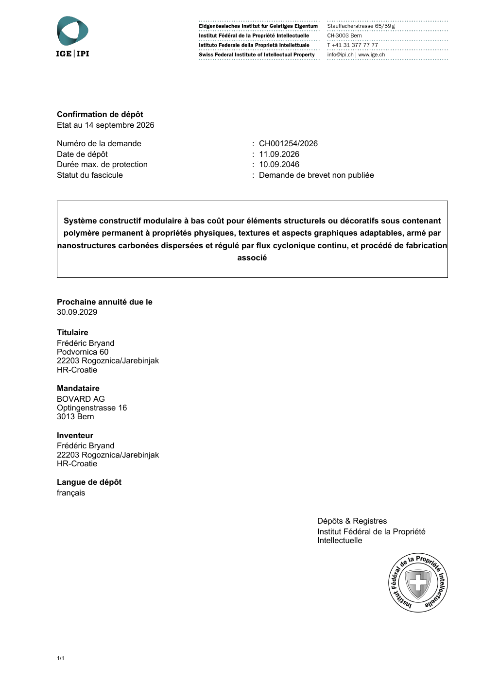 Aperçu de la confirmation de dépôt P-171557-CH